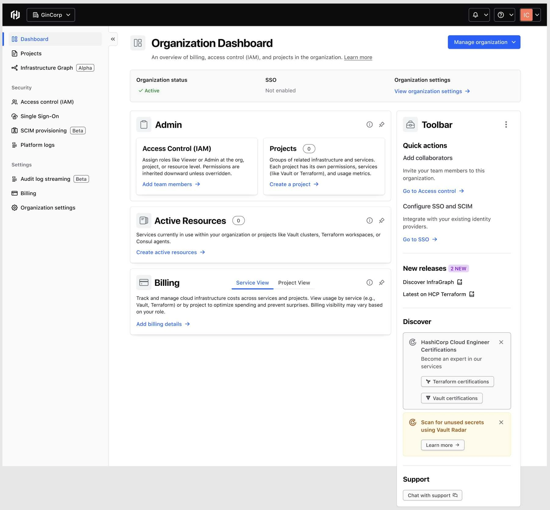 Day 0 org dashboard with setup guidance