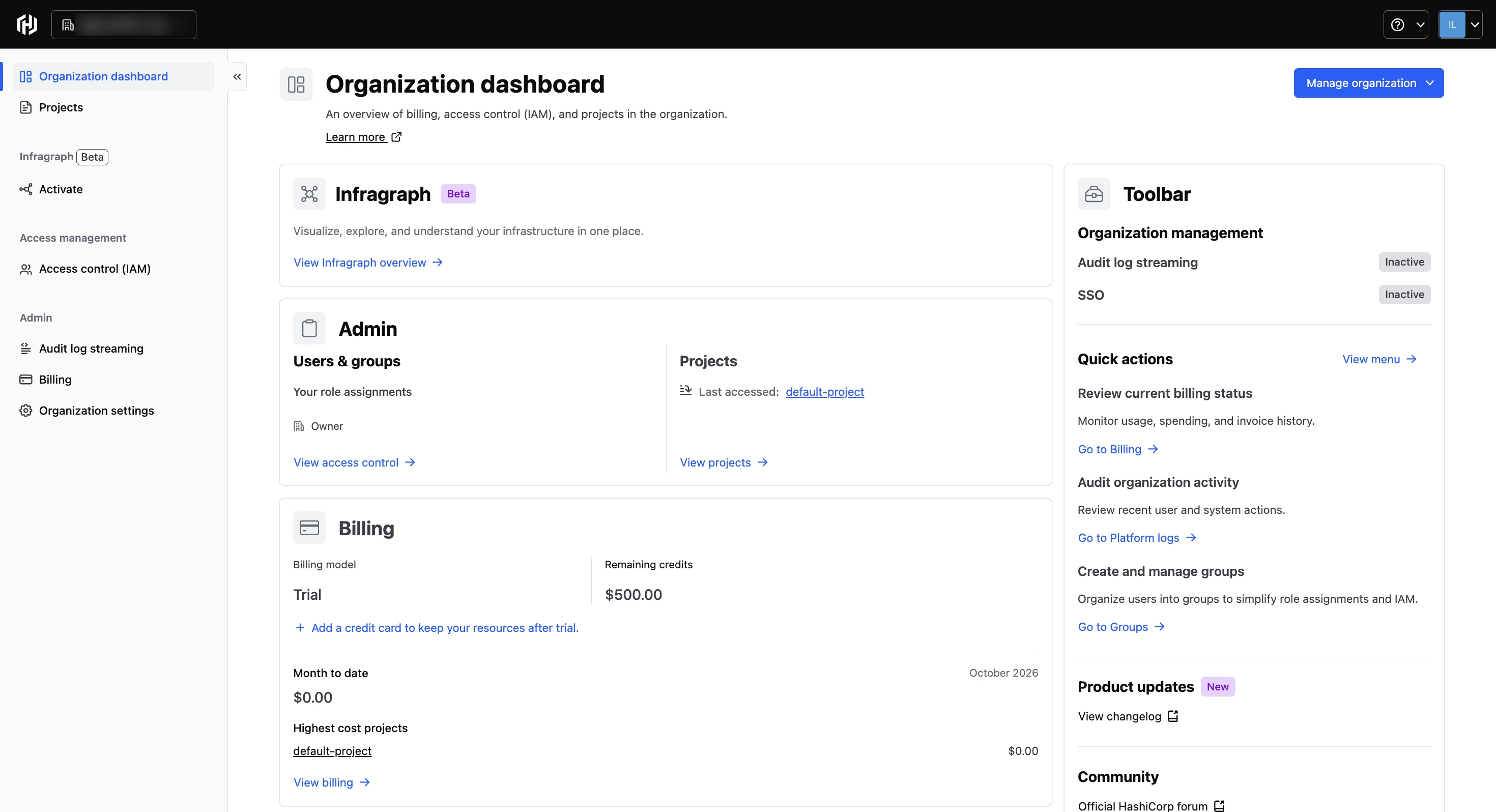 The live HCP organization dashboard