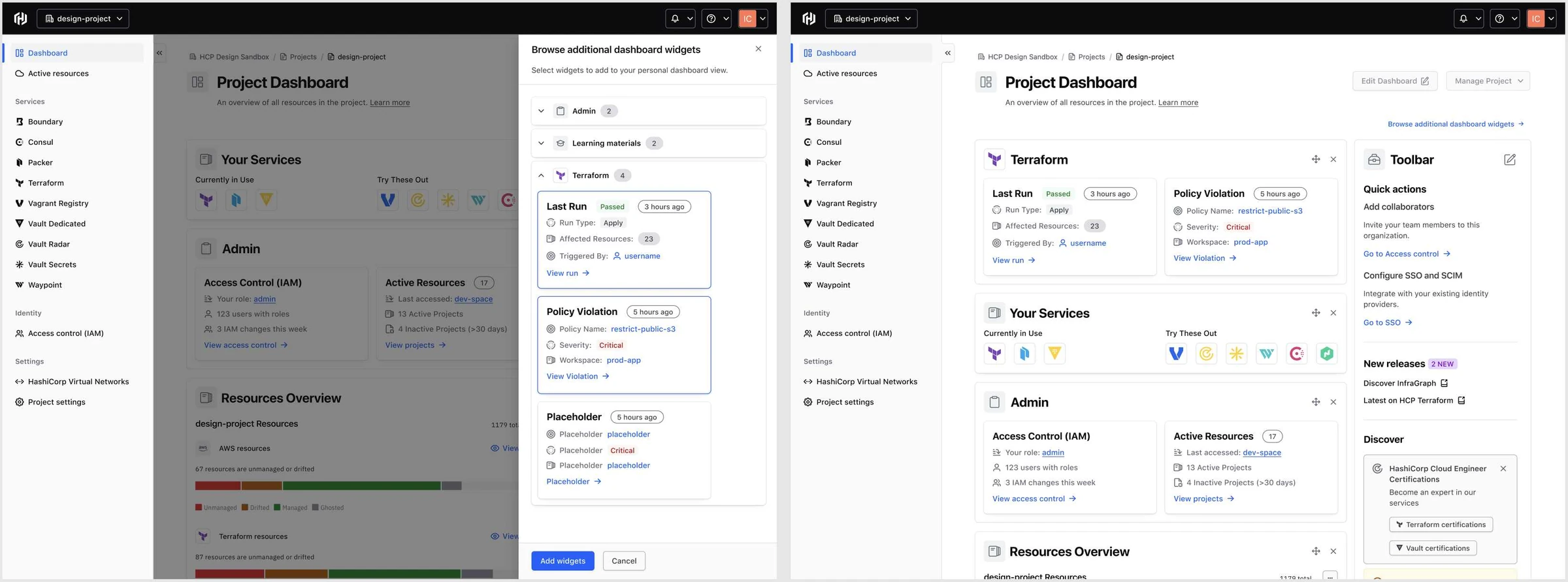 Widget browser panel and a customized project dashboard